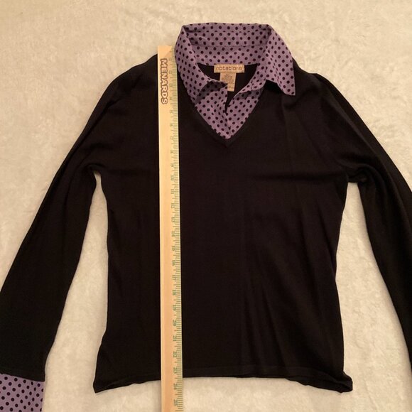 Notations Black Sweater Purple Polka Dot Collared Accents Womens Size Medium - Picture 4 of 5